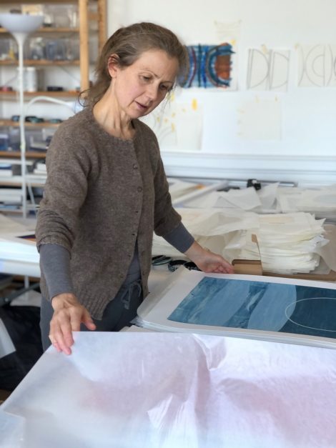 Image of Sue Barclay working in her art studio