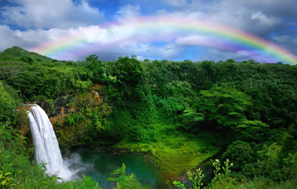 Waterfalls and rainbow in Kauai